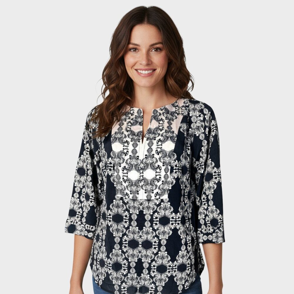 The Limited Tunic Top Womens Medium Blue Pink Geometric Office Siren Workwear